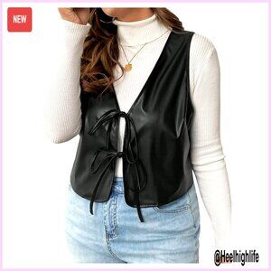 Plus Size Faux Leather Sleeveless Vest Tie Front Motorcycle Biker Jacket